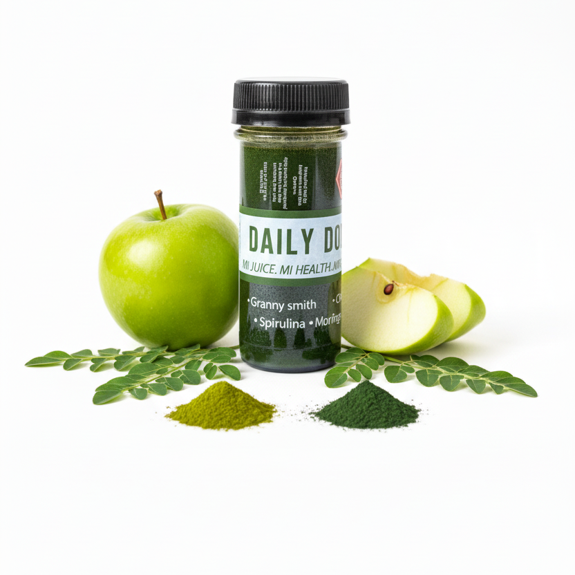 Bottle labeled 'Daily Dose' with green apples and leaves on a white background