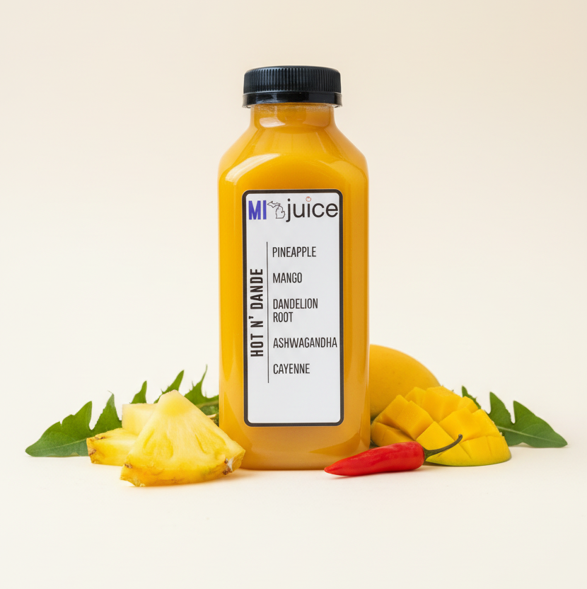 Bottle of Mijuice with ingredients on a light background