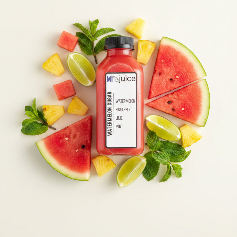 Red bottle of juice on a blue cooler with greenery in the background