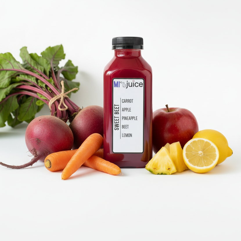 Bottle of MiJuice sweet beet juice with vegetables and fruits on a white background